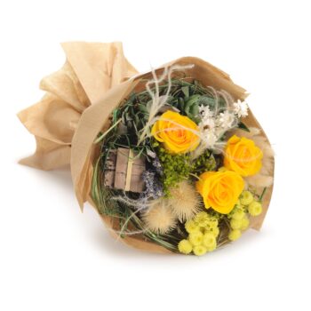 evighedsbuket med gule roser og hortensia